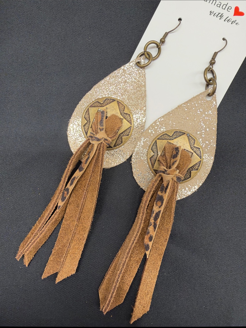 Handmade Glitter Leather Teardrop Tassel Earrings in Gold and Tan
